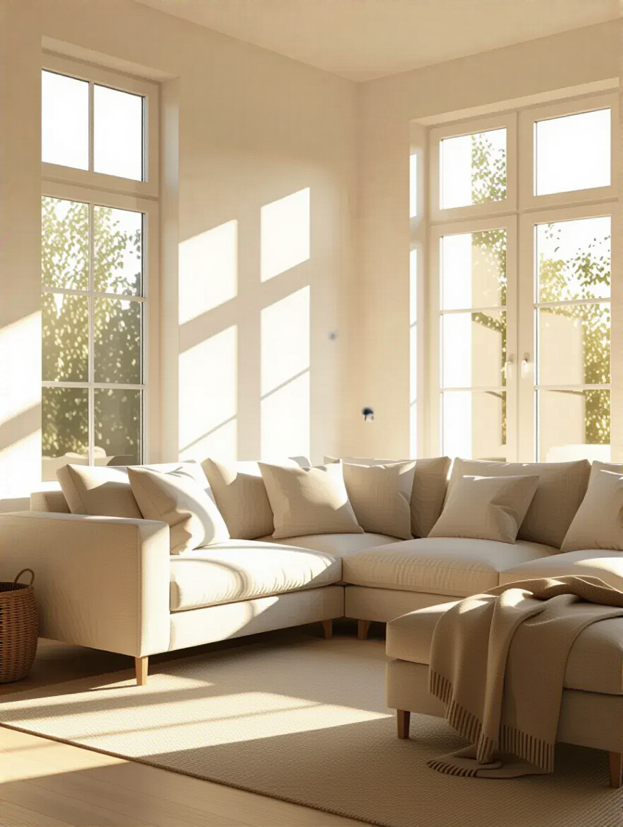 Modern living room bathed in soft natural morning light from large east-facing windows, showcasing warm and inviting atmosphere