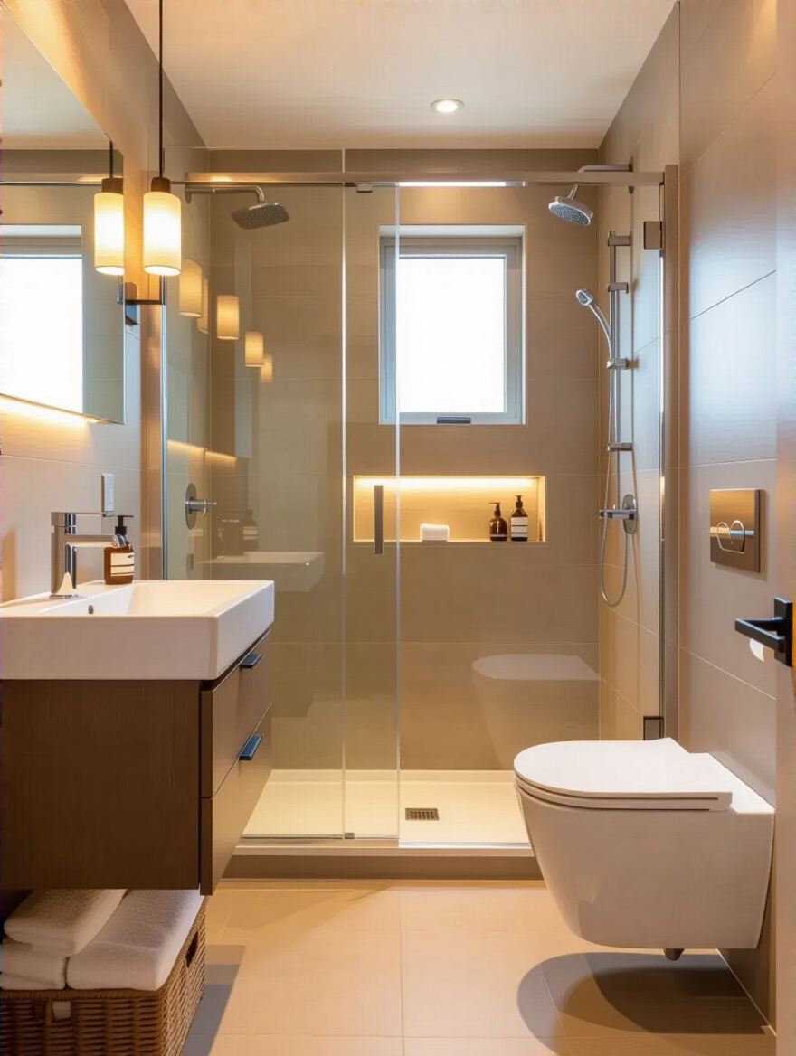 Small bathroom interior with optimized layout featuring wall-mounted sink, clear pathways, and walk-in shower for optimal flow and access