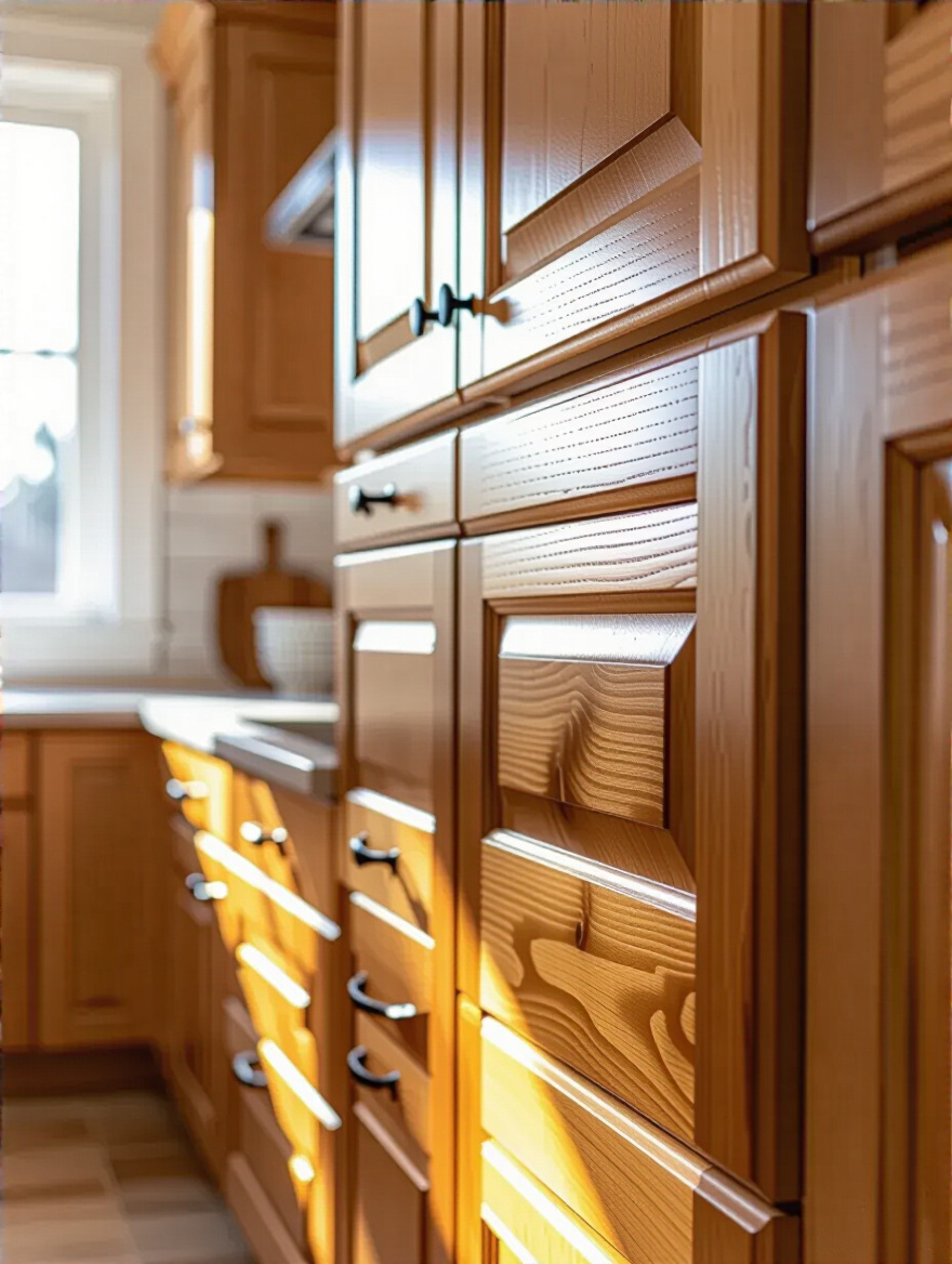 Close-up of kitchen cabinet condition assessment, showcasing wear and potential issues.