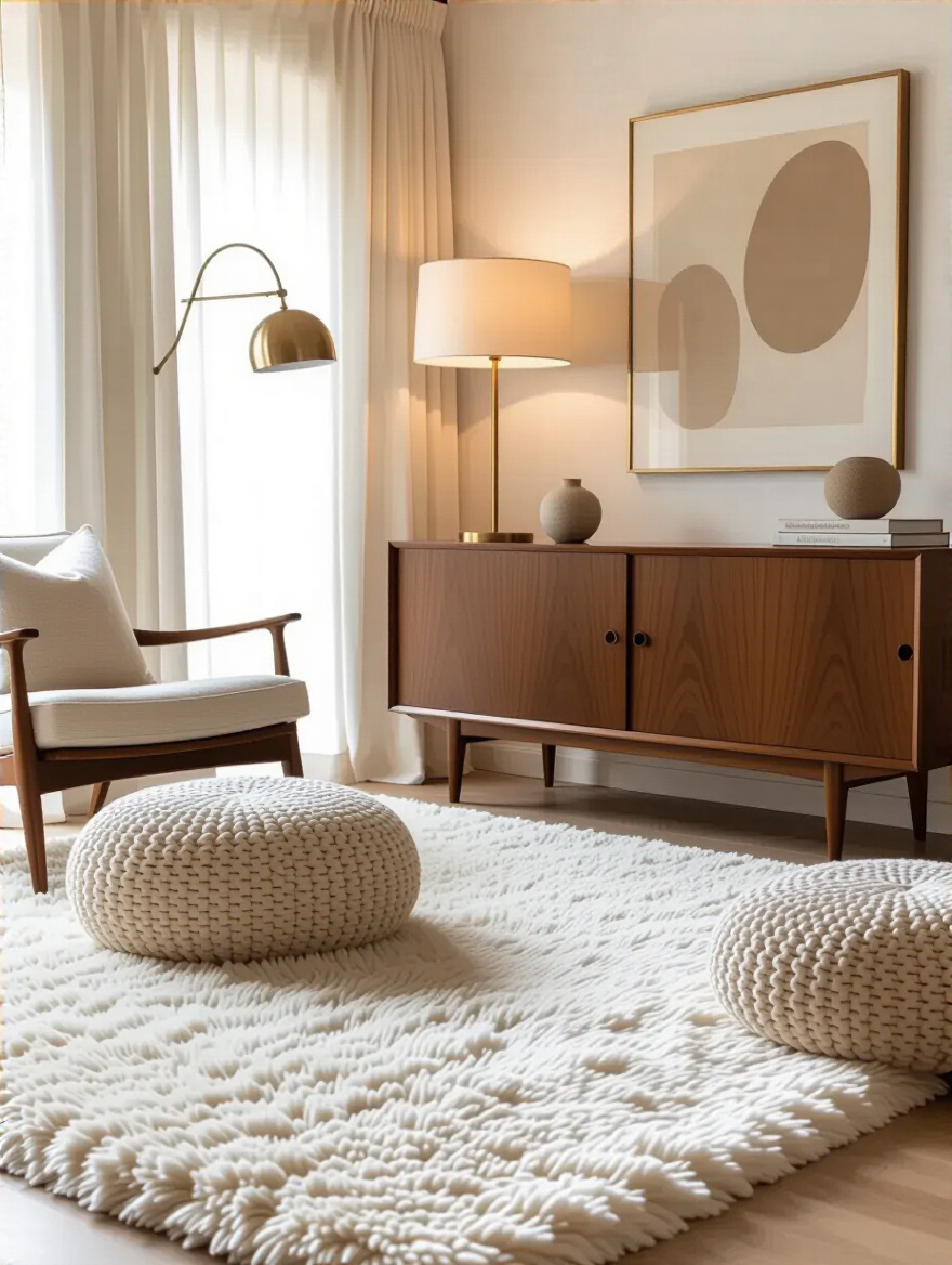 Eclectic living room with polished walnut credenza, flokati rug, linen curtains, and brass lamp showcasing balanced hard and soft textures