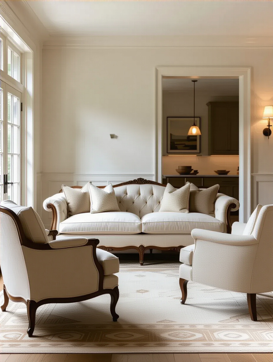 Eclectic living room with traditional sofa and modern chairs arranged for conversation