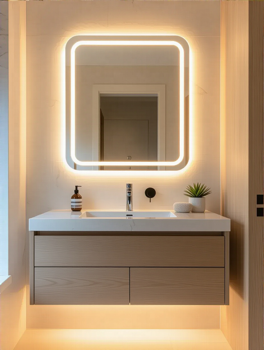 Small bathroom vanity with integrated LED lighting around mirror and under-vanity glow enhancing bright and modern ambiance