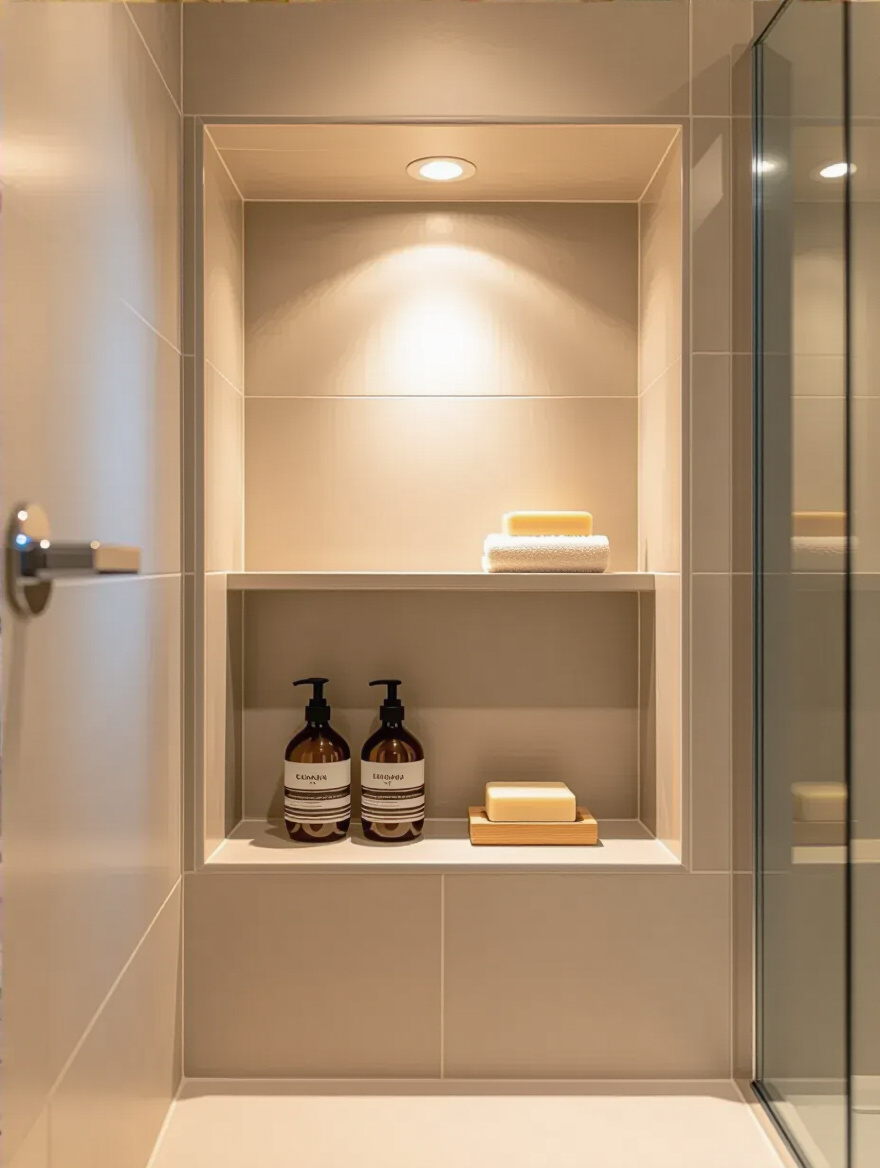 Small modern bathroom shower with a built-in recessed wall niche holding bathroom essentials