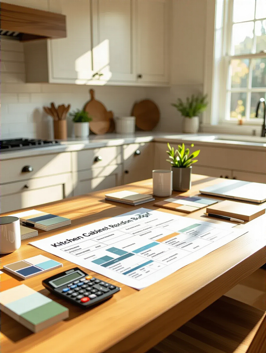 A well-organized workspace with a kitchen cabinet renovation budget and material samples on a wooden table.
