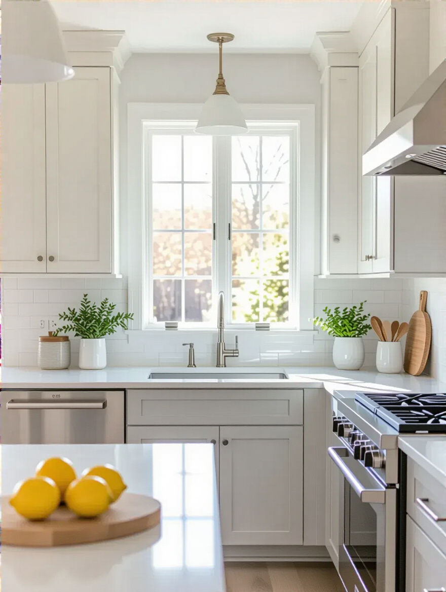 Modern kitchen with freshly painted neutral cabinets in white and light gray.
