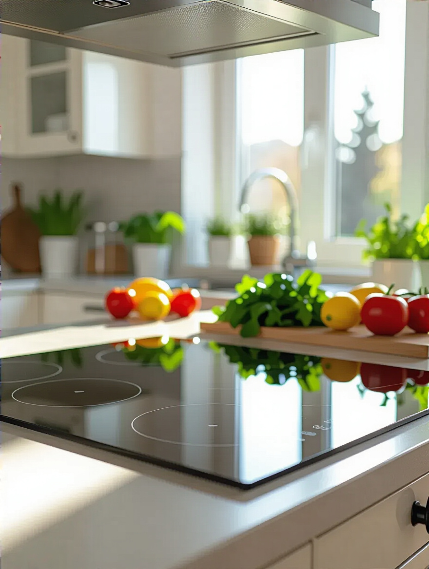 Modern kitchen with induction cooktop and fresh ingredients