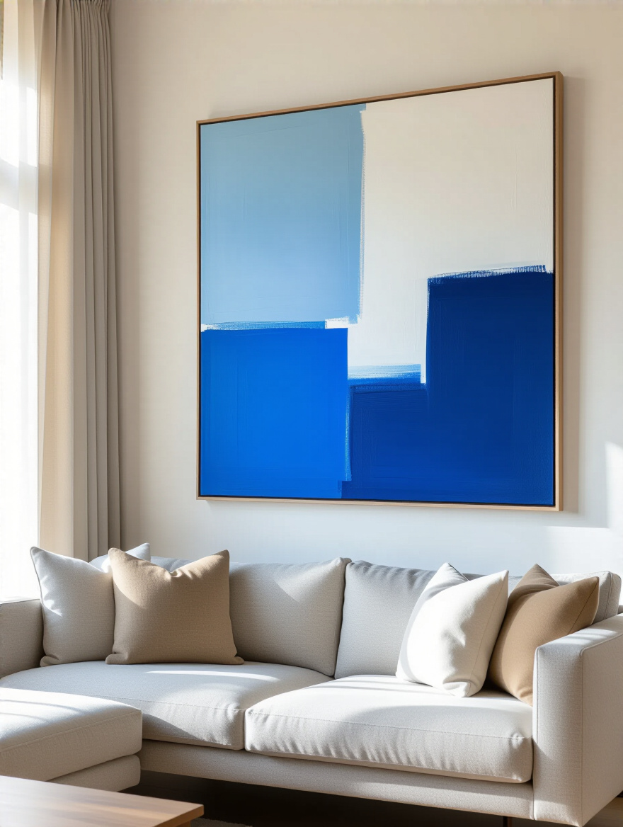A cozy small living room with a large abstract artwork above the sofa, showcasing a bold design choice.