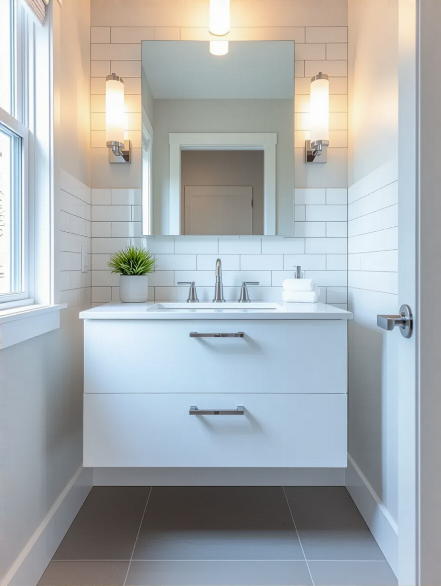 Small bathroom vanity with light colors and finishes creating an open and airy space