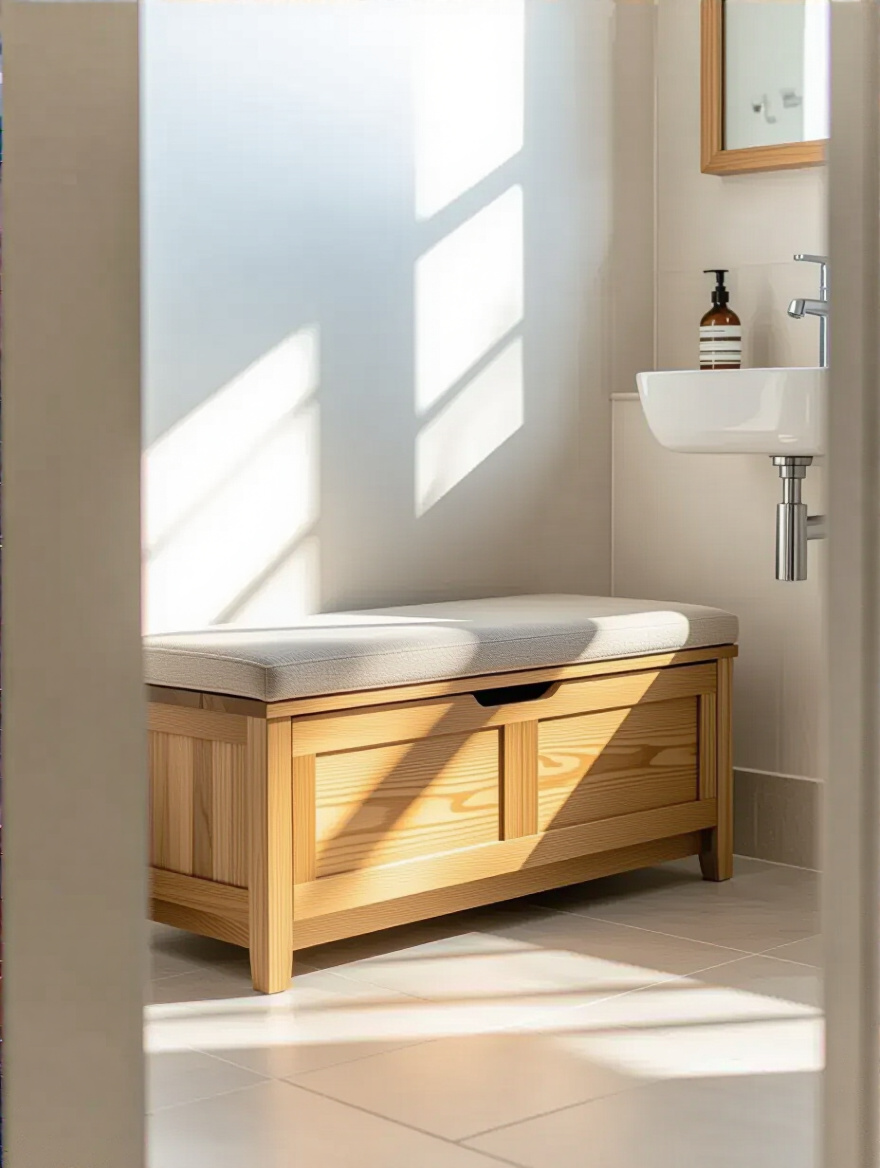 Small bathroom with a water-resistant multi-functional storage bench offering seating and concealed storage under soft natural light