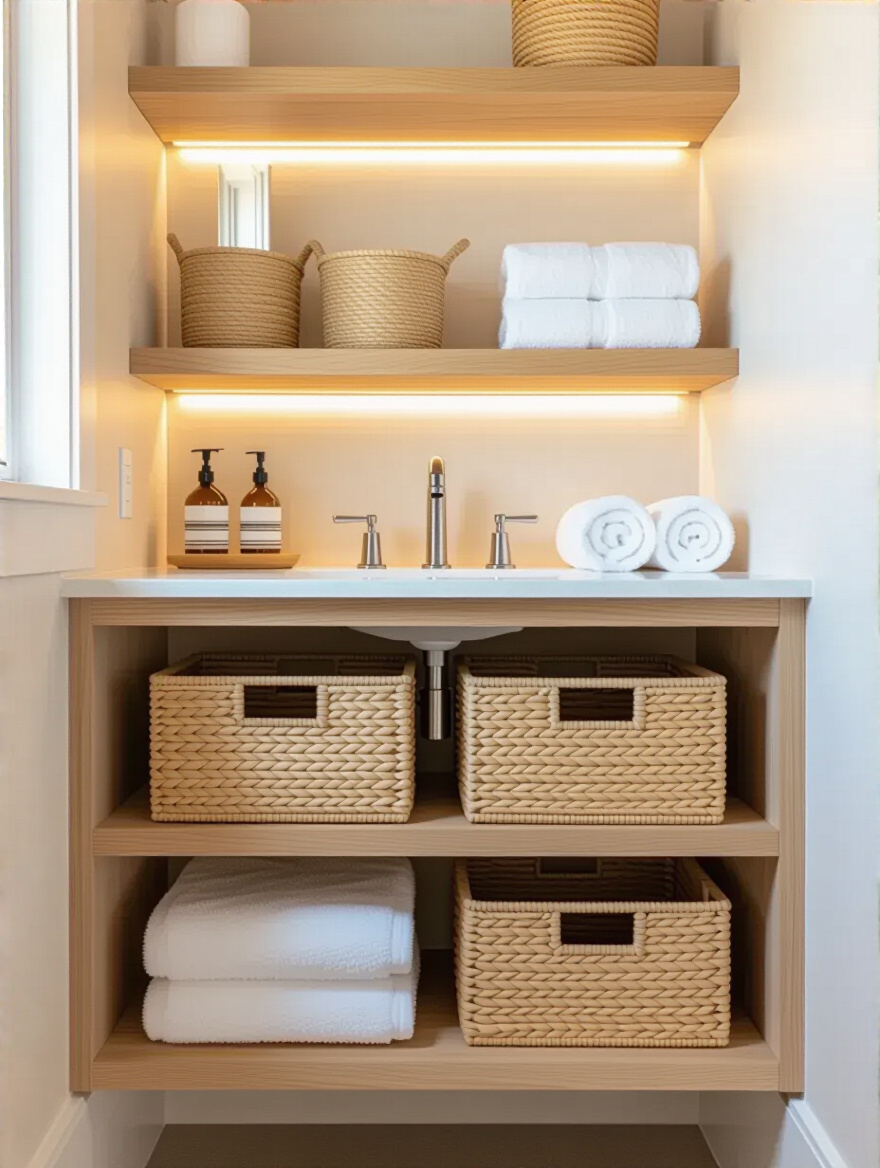 Small bathroom vanity with open shelving featuring woven baskets and rolled towels in a bright, minimalist bathroom