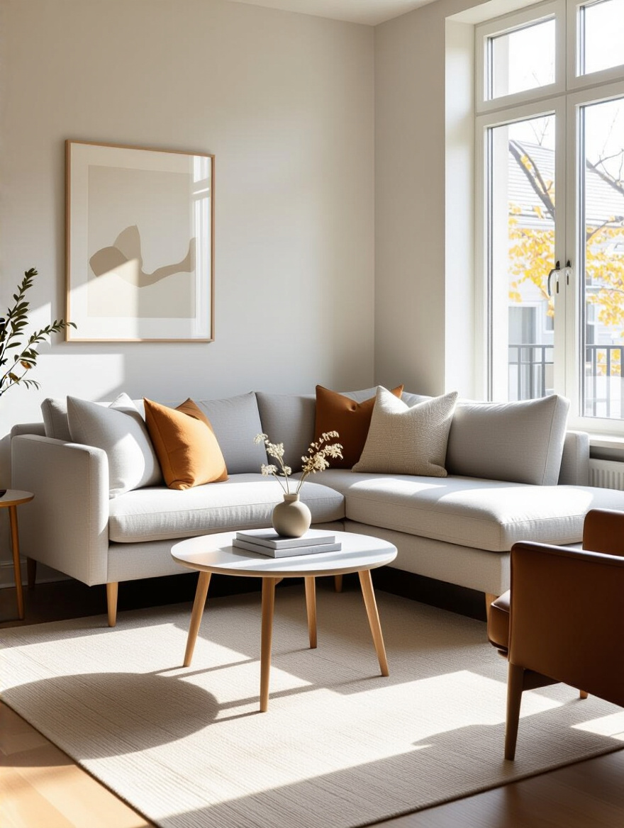 Small living room with right-sized loveseat and round coffee table creating spacious and harmonious layout