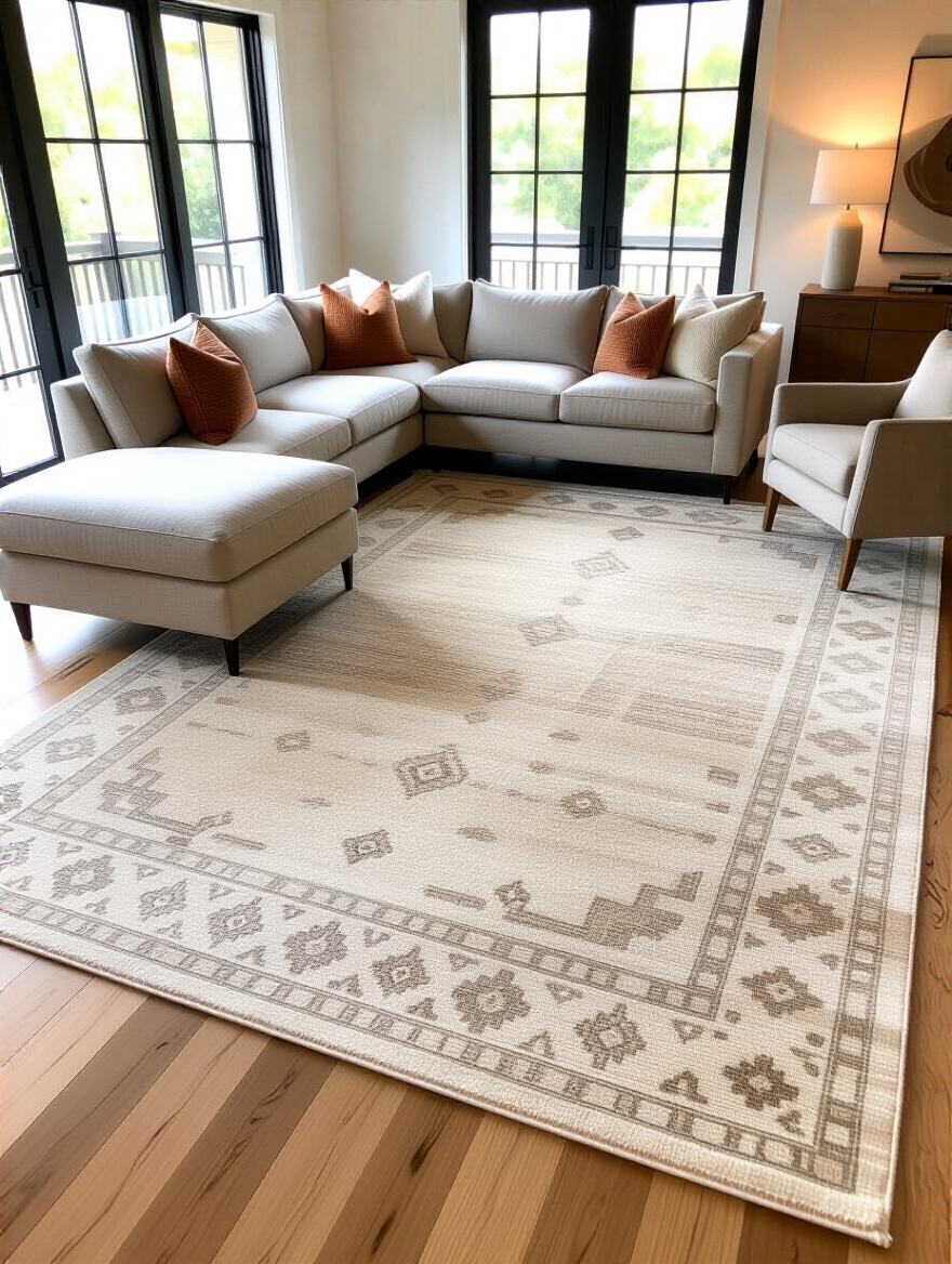 Modern living room with a large warm-toned area rug defining the seating zone under sofa and chairs