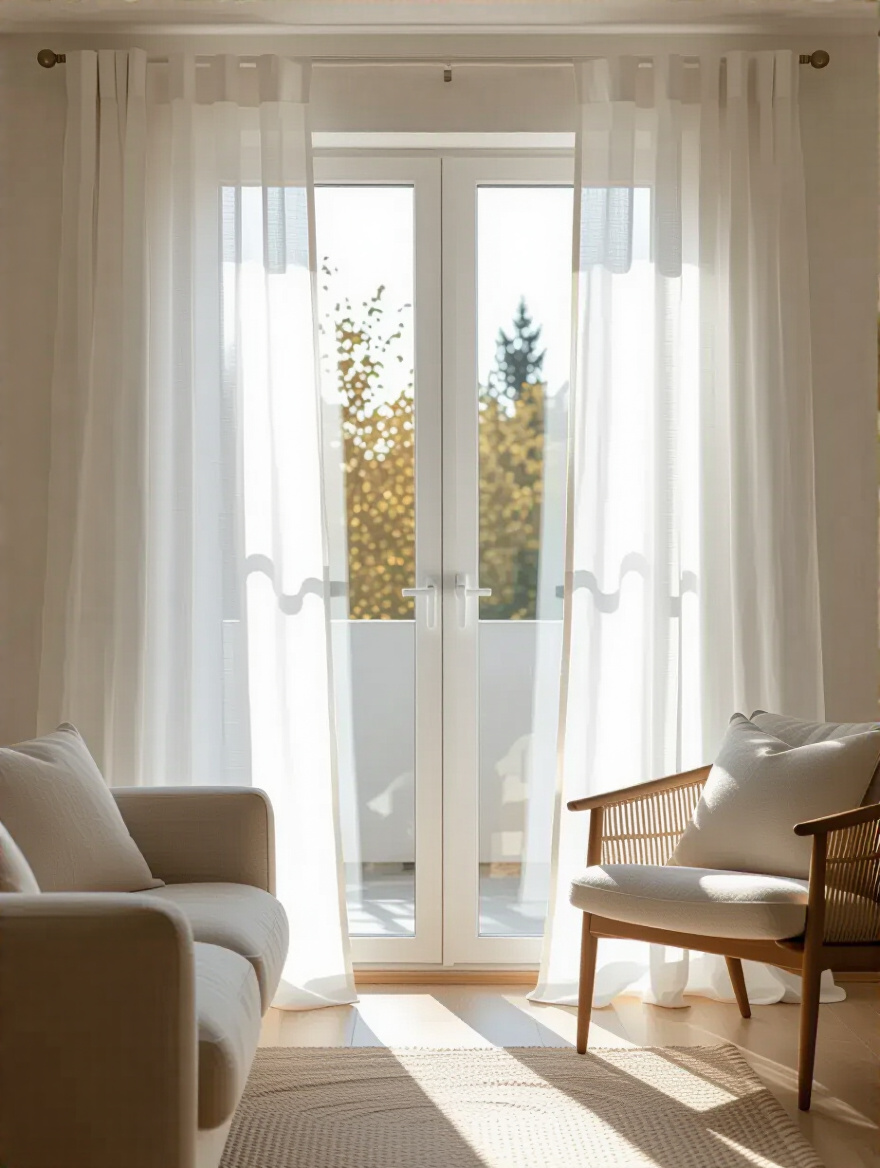 Small living room with sheer white floor-to-ceiling window treatments allowing natural light to fill the space