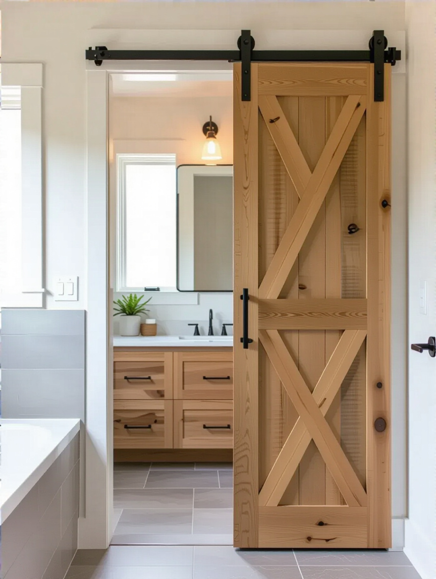 Small modern bathroom featuring a natural wood sliding barn door with matte black hardware to save space