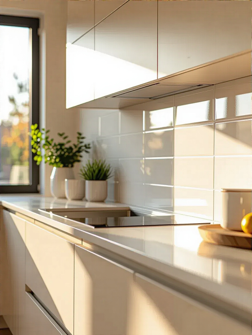 Contemporary kitchen backsplash with matte white porcelain tiles in vertical stack pattern under natural daylight