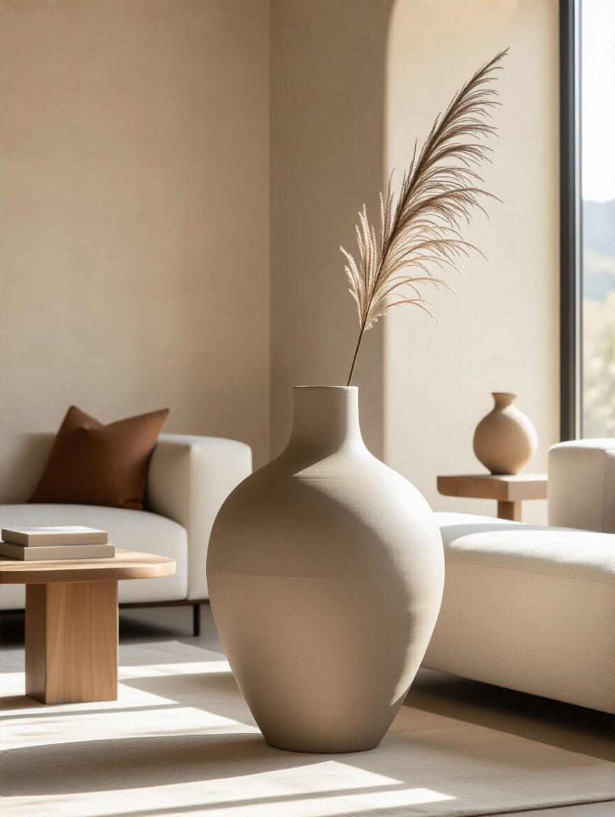 Modern living room corner with a large sculptural ceramic floor vase as a statement accessory