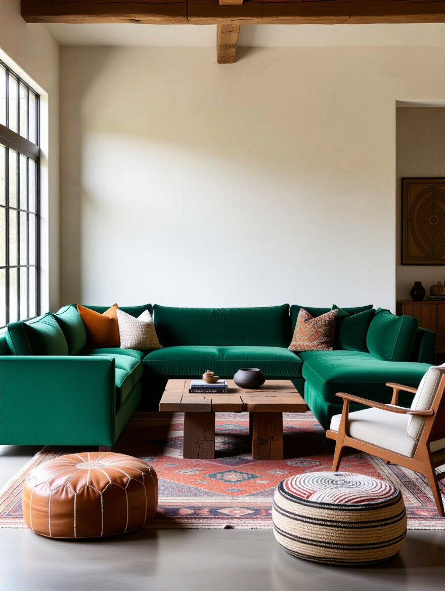 Eclectic living room featuring a large emerald green velvet sectional sofa as the dominant furniture piece anchoring diverse design elements