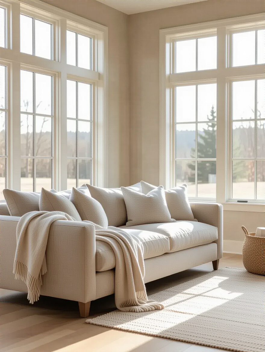 Cozy living room with neutral base color palette featuring warm greige walls, natural oak floor, and a greige linen sofa with layered neutral textiles