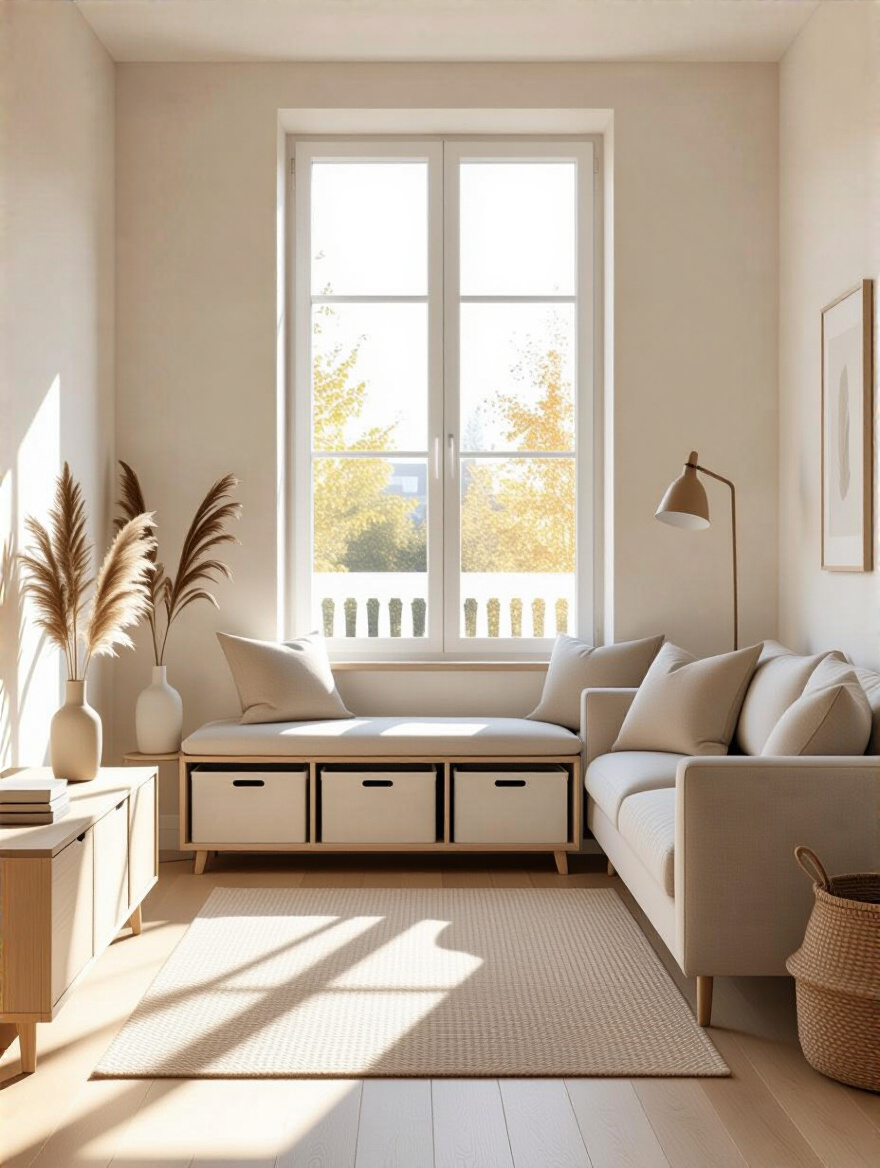 Minimalist small living room with clear surfaces and organized storage creating an open and airy feel