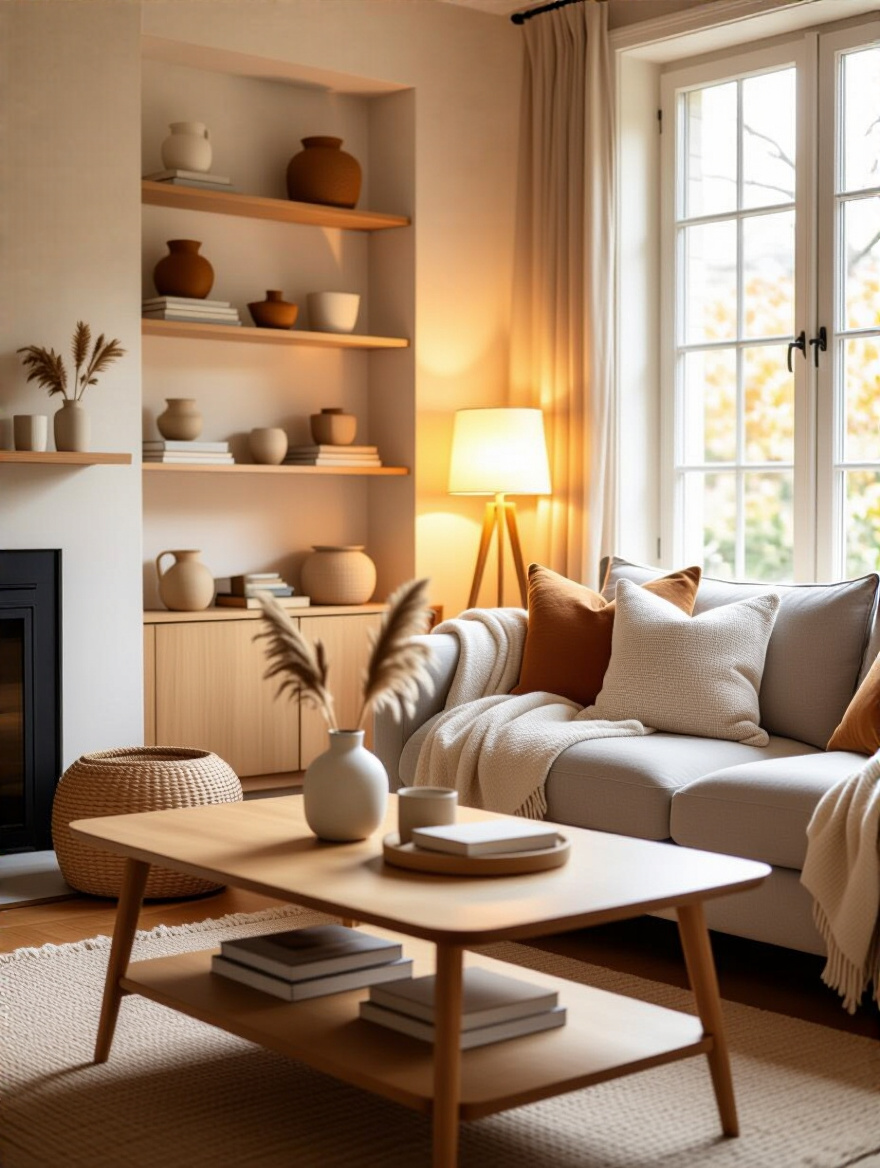 Cozy and warm living room corner after a comprehensive decluttering blitz, featuring tidy shelves and a clean coffee table with natural and ambient lighting