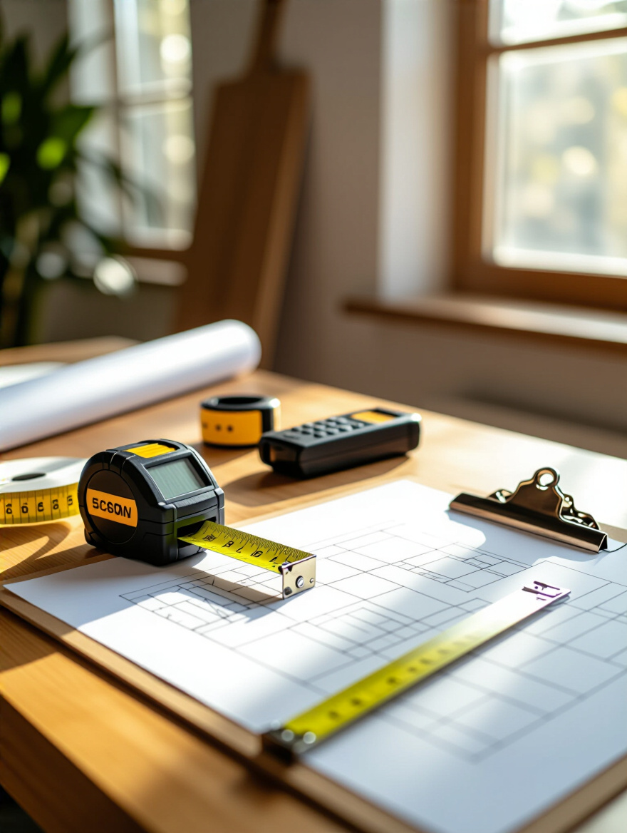 Measuring tools on a table for room measurement audit