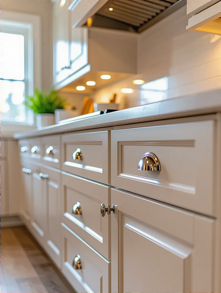 Modern kitchen cabinets with shiny hardware and natural lighting