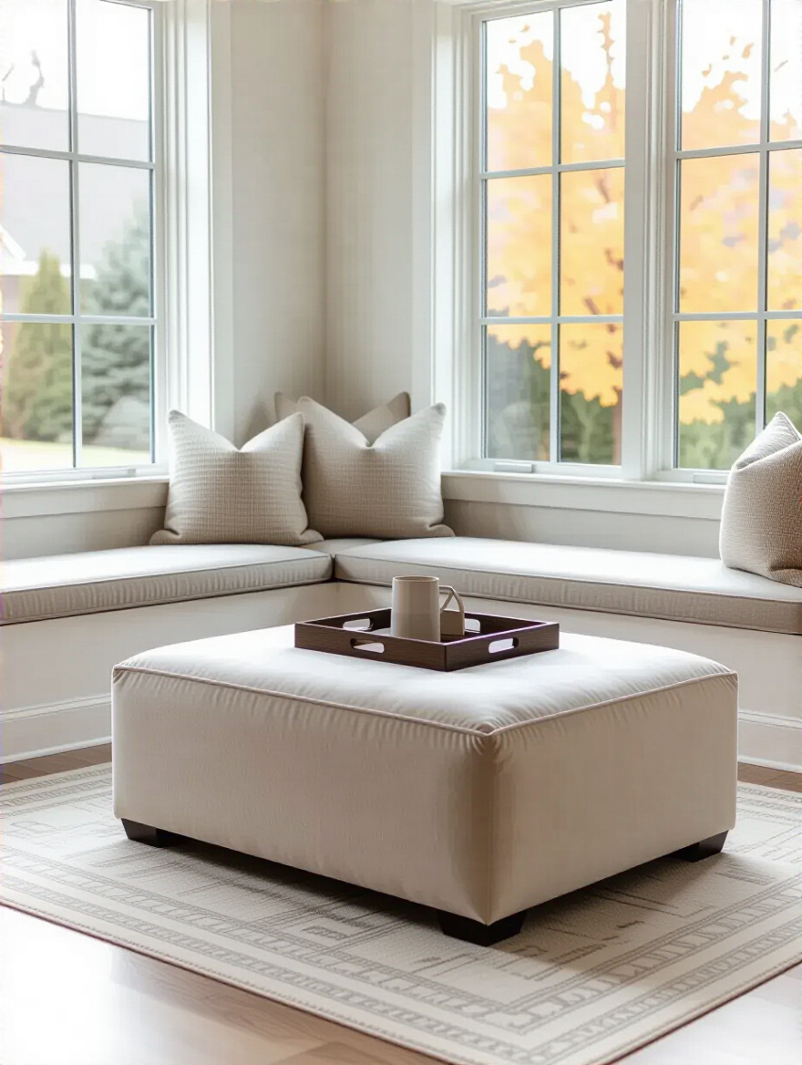 Small living room with backless bench and large velvet ottoman used as a coffee table, bright natural lighting
