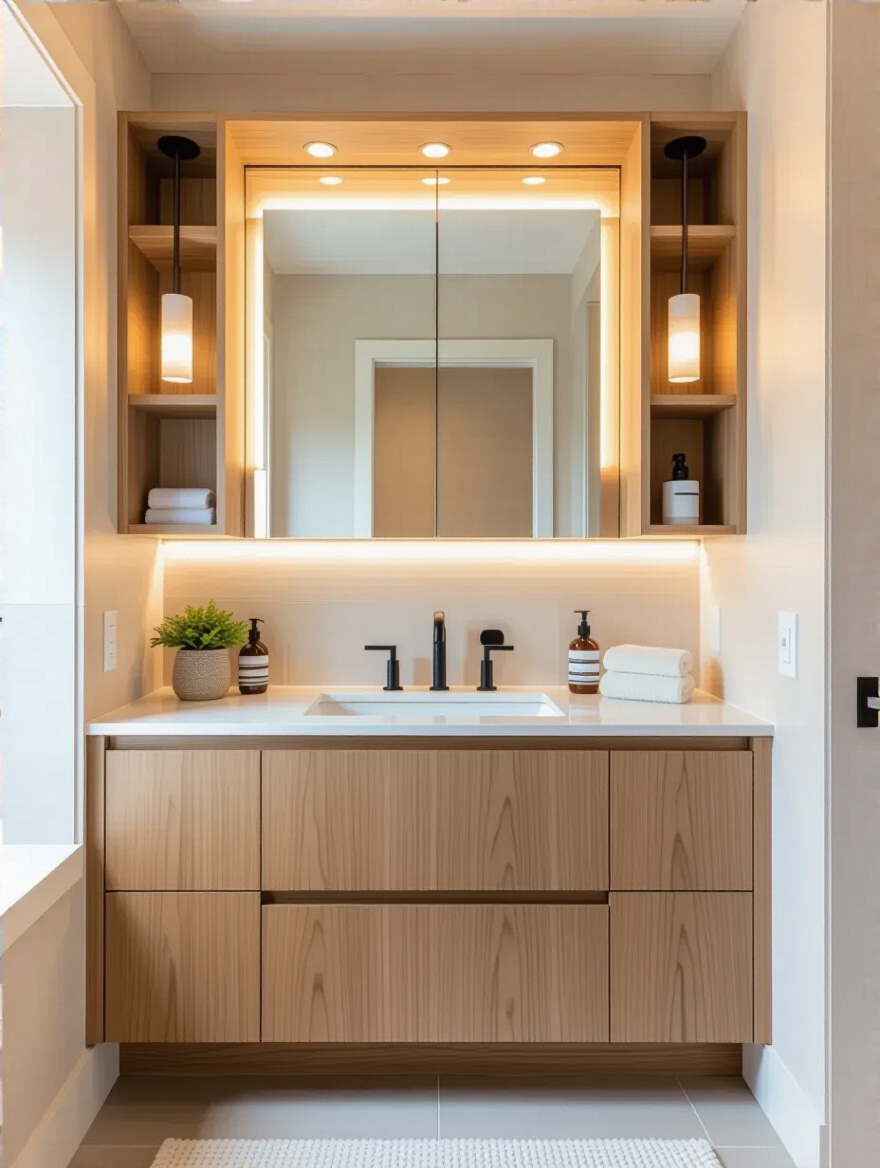 Small bathroom vanity with built-in side cabinets providing integrated storage in a modern bathroom