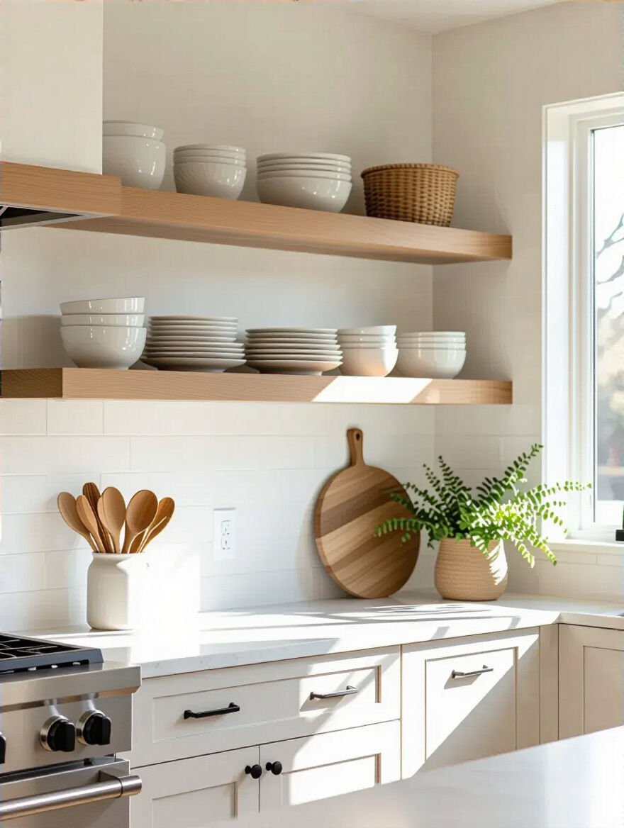 Modern kitchen with open shelving and no upper cabinet doors, showcasing neatly arranged dishware.