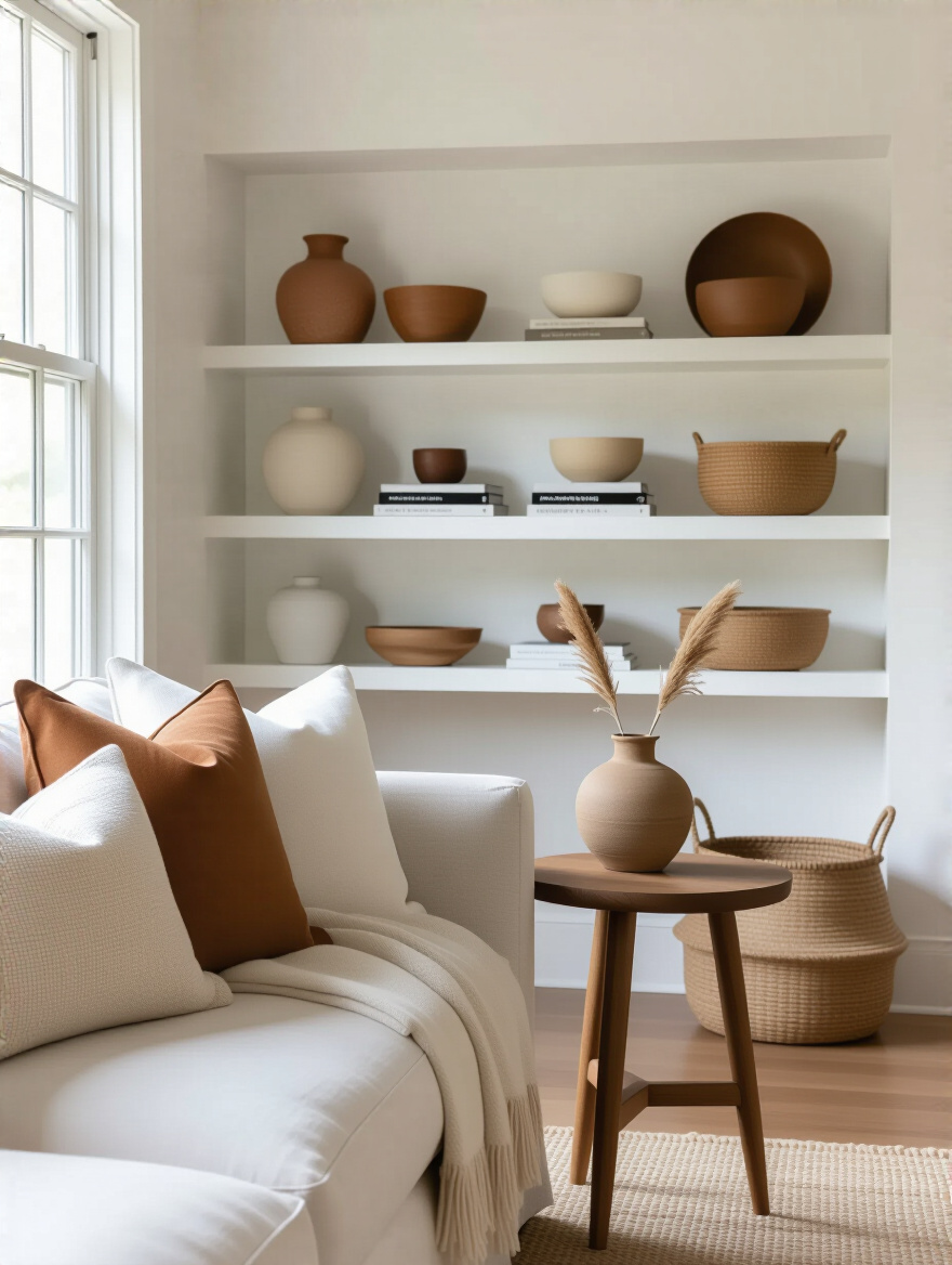 Eclectic living room corner with curated decorative items on shelves and side table, showcasing organized and clutter-free design