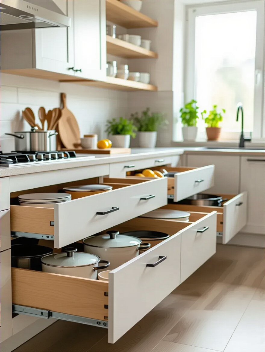 Modern kitchen with transformed base cabinets featuring pull-out drawer units filled with cookware and pantry items.