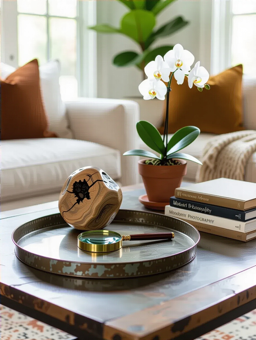 Eclectic living room coffee table vignette with varied meaningful objects including vintage magnifying glass, art books, petrified wood sculpture, and potted orchid in terracotta pot