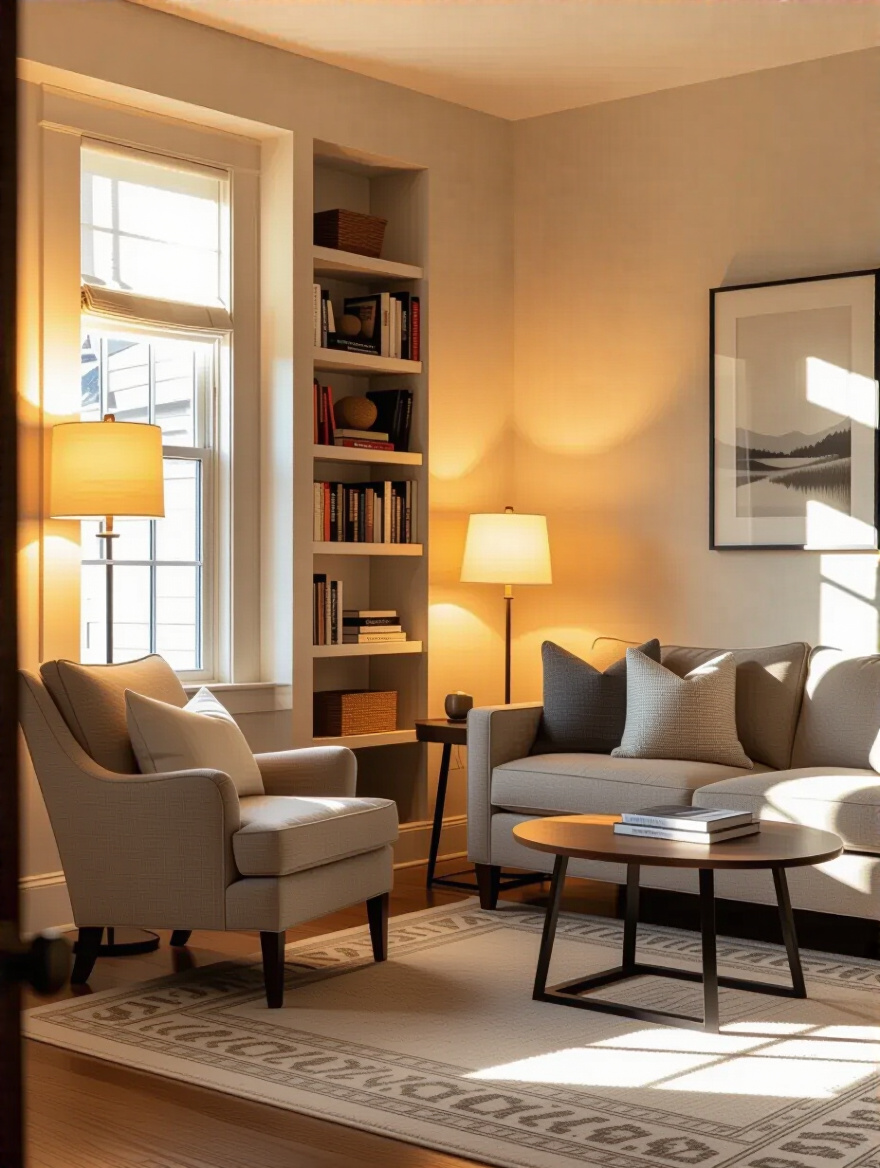 Cozy living room with clearly defined activity zones including a reading nook and conversation area, warm lighting, no people