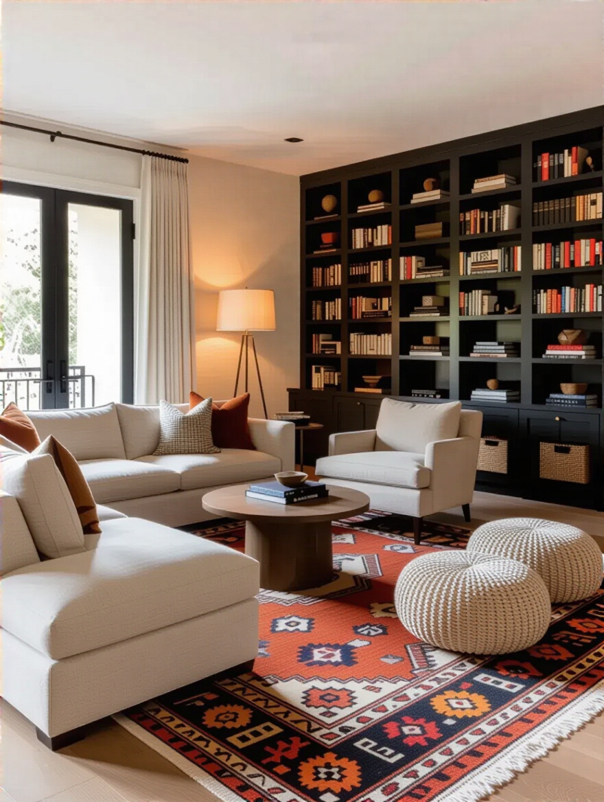 Eclectic living room with defined zones created by furniture arrangement showing seating, reading nook, and subtle room dividers with warm lighting