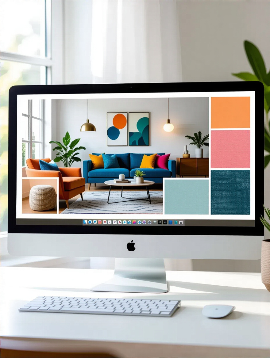 Digital mood board workspace showing living room style elements on a computer screen
