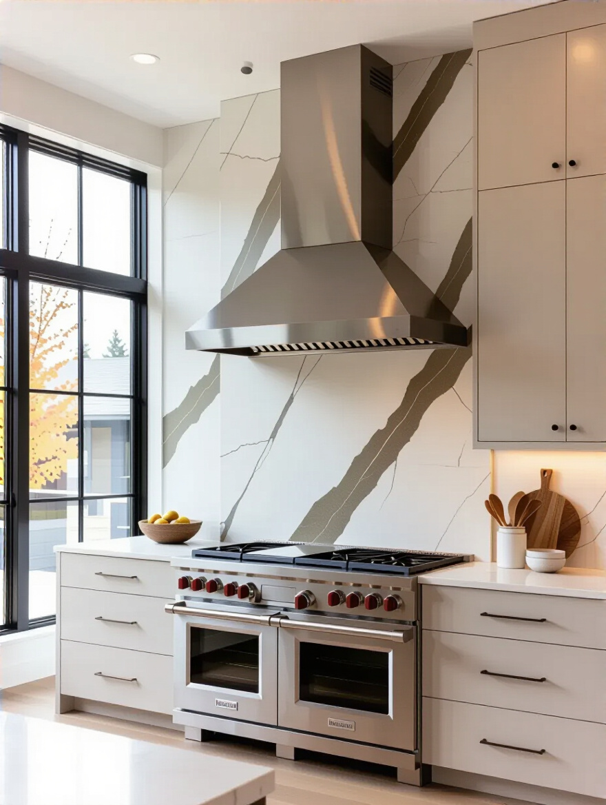 Contemporary kitchen featuring a strategic focal point with a distinct natural stone backsplash section behind the range, illuminated by natural and LED lighting