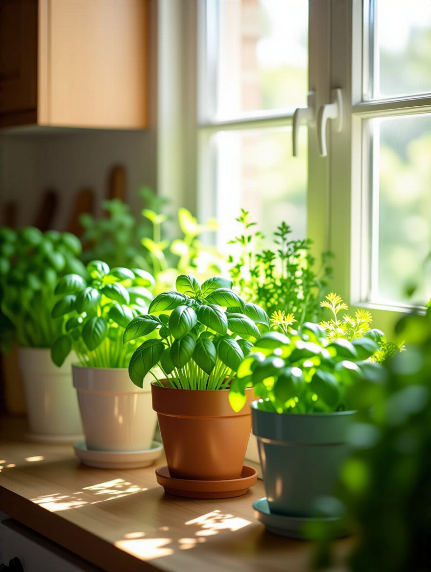 A vibrant indoor herb garden with basil, mint, and parsley on a kitchen windowsill bathed in sunlight.