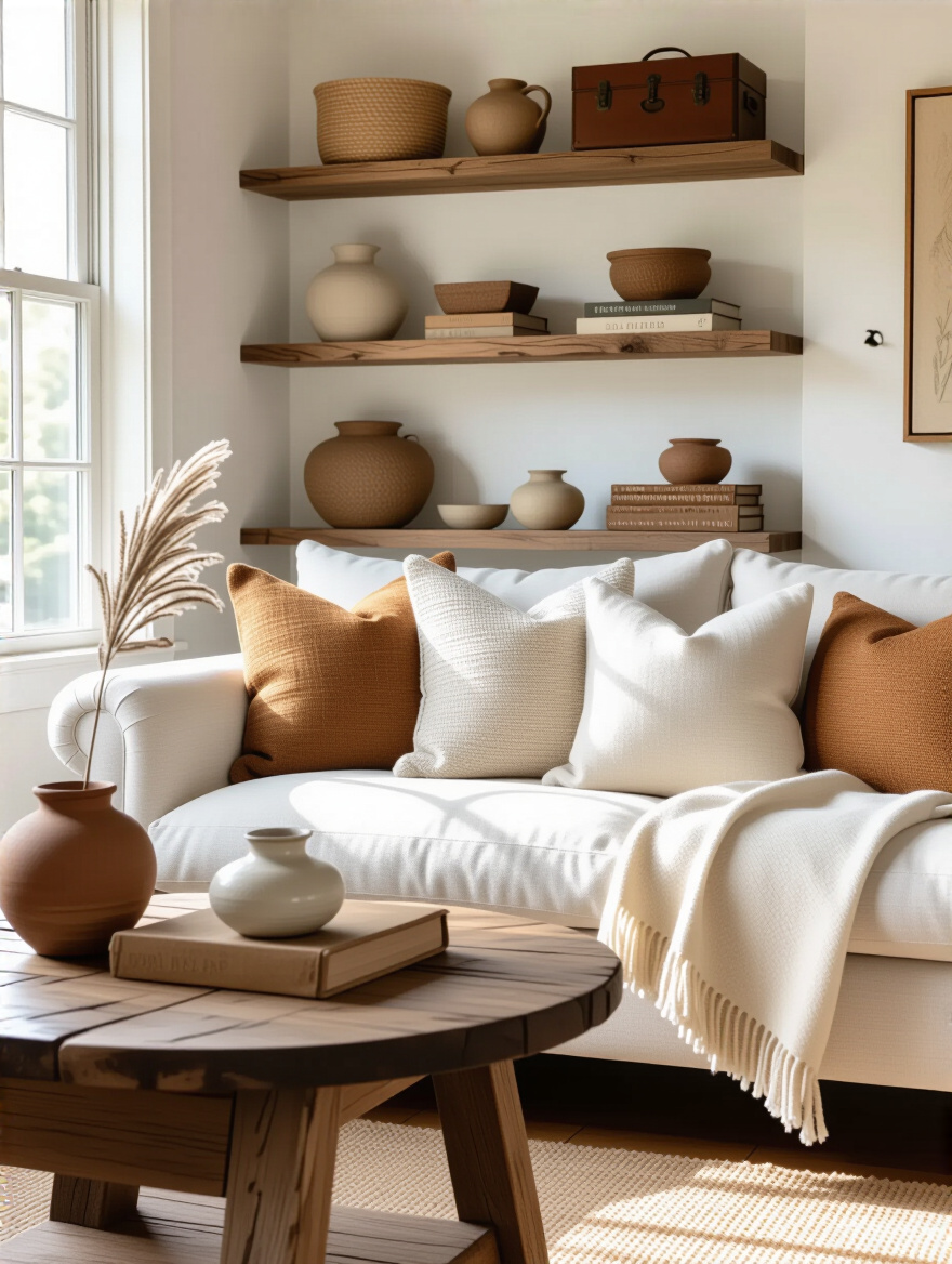 Cozy living room corner with curated meaningful decor including vintage mementos and handmade art reflecting personal style