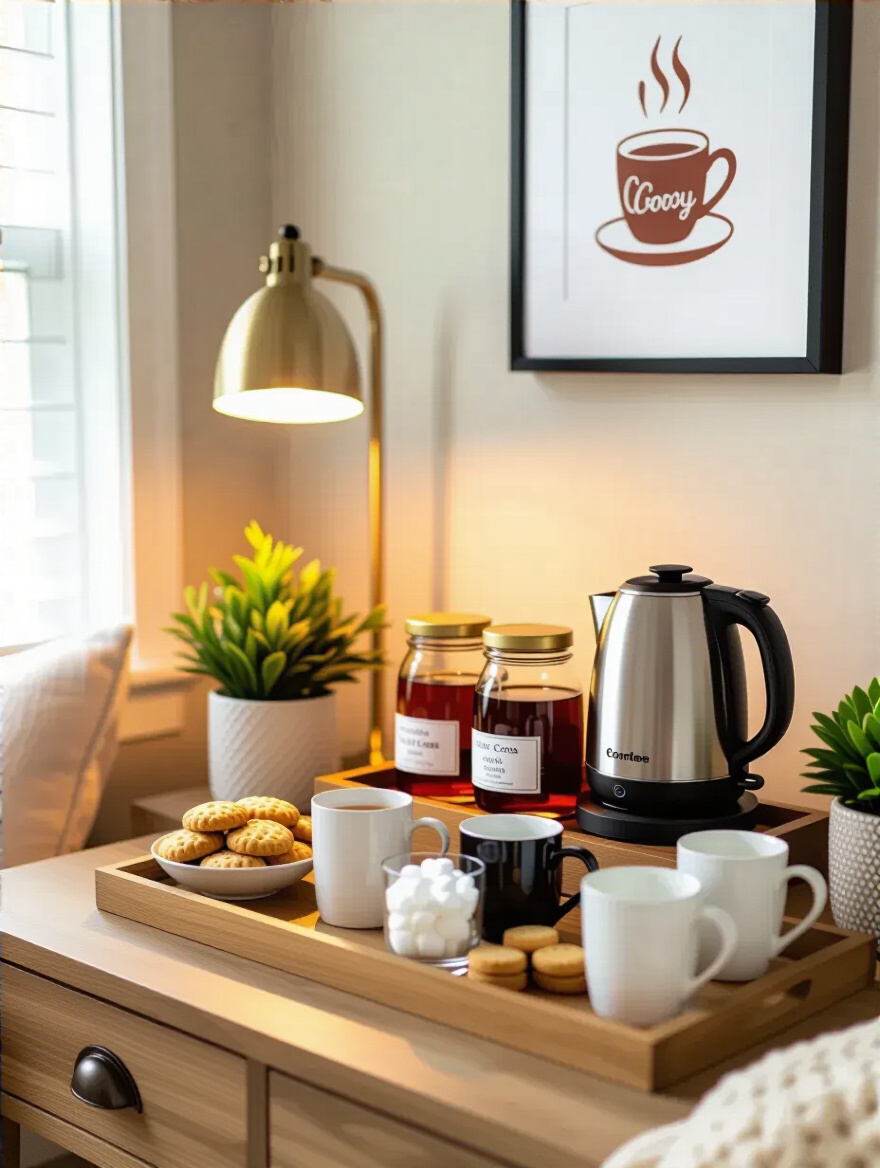 Cozy living room warming beverage station with electric kettle, teas, coffee pods, mugs, and warm lighting on a console table