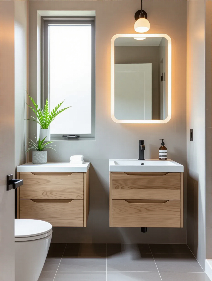 Portrait image showing a small bathroom with both wall-mounted and freestanding vanities, highlighting their design and space-saving features.