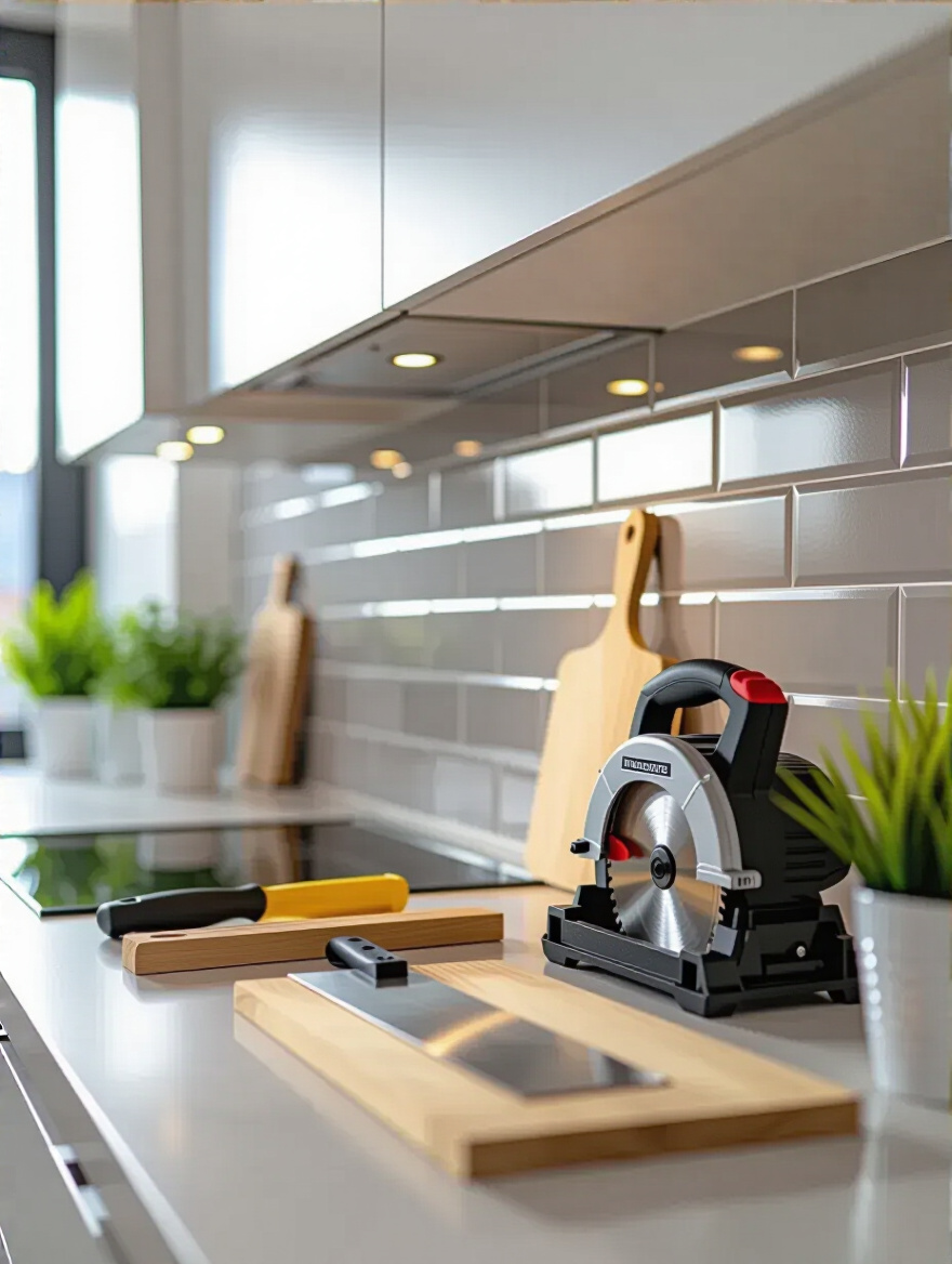 Contemporary kitchen backsplash installation scene with professional tiling tools on countertop, showcasing a pristine tiled wall with perfect grout lines.
