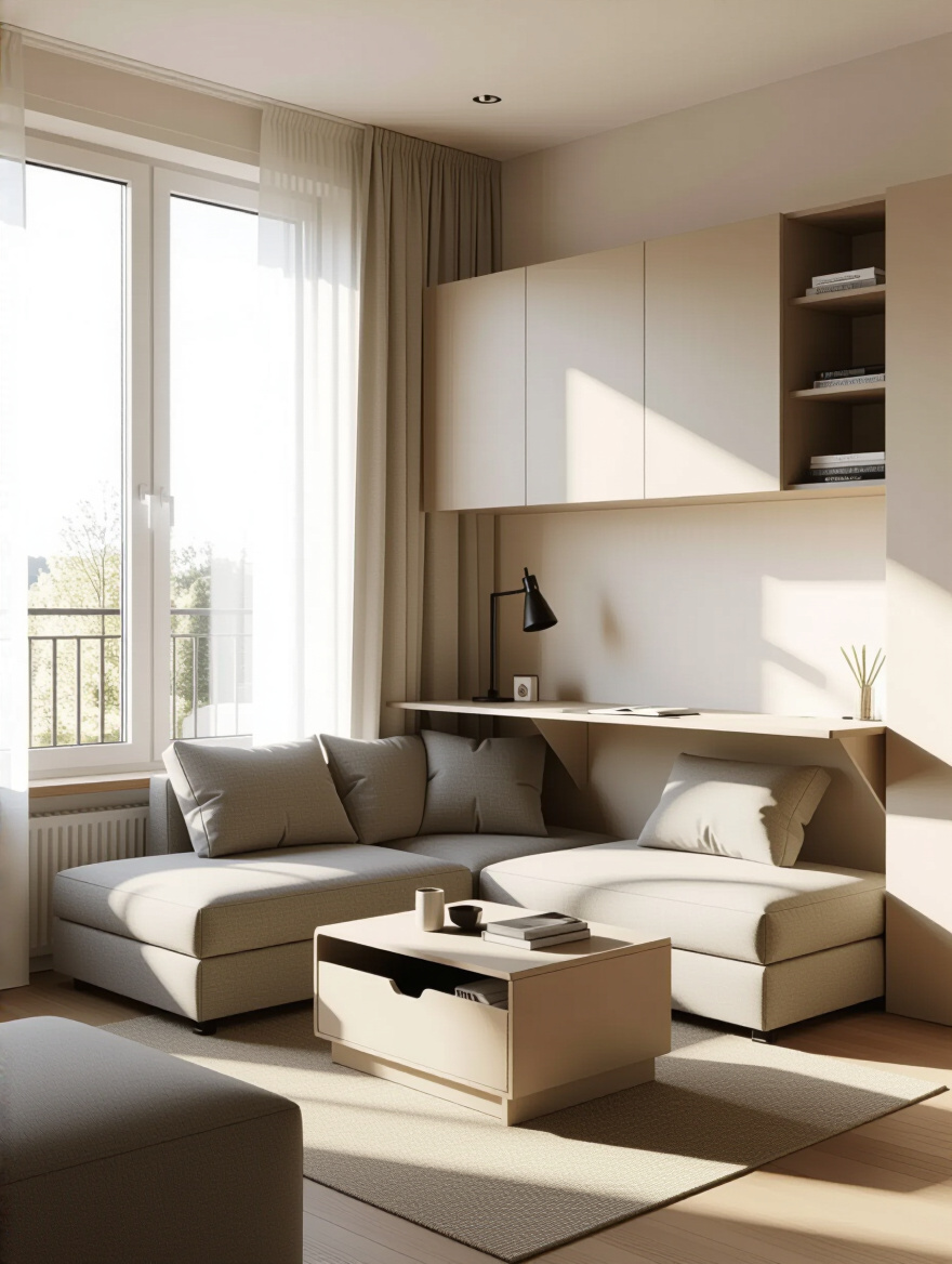 Small living room optimized for space utilization with multifunctional furniture