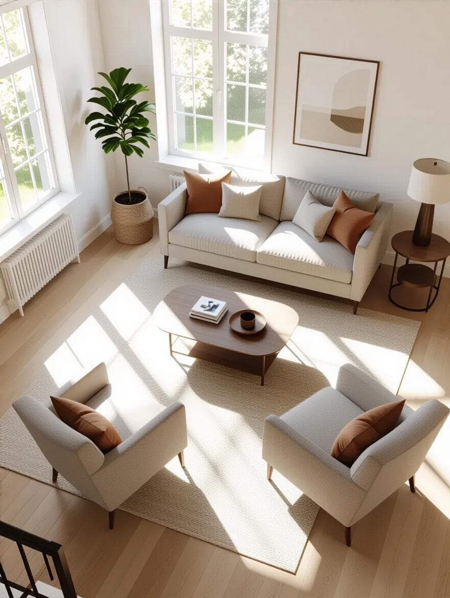 Small living room with optimized furniture layout and clear traffic paths for seamless flow