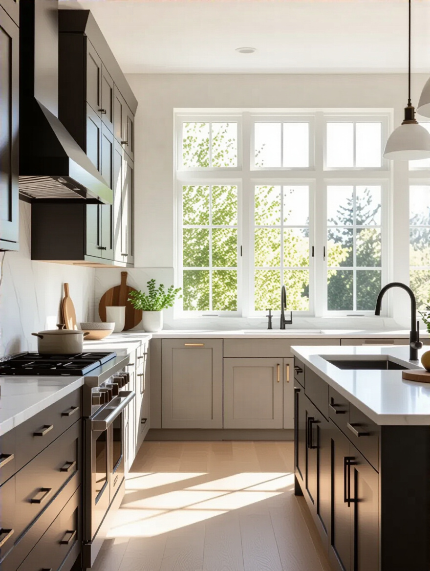 Modern kitchen showcasing slab, shaker, and handleless cabinet styles in a well-lit environment.