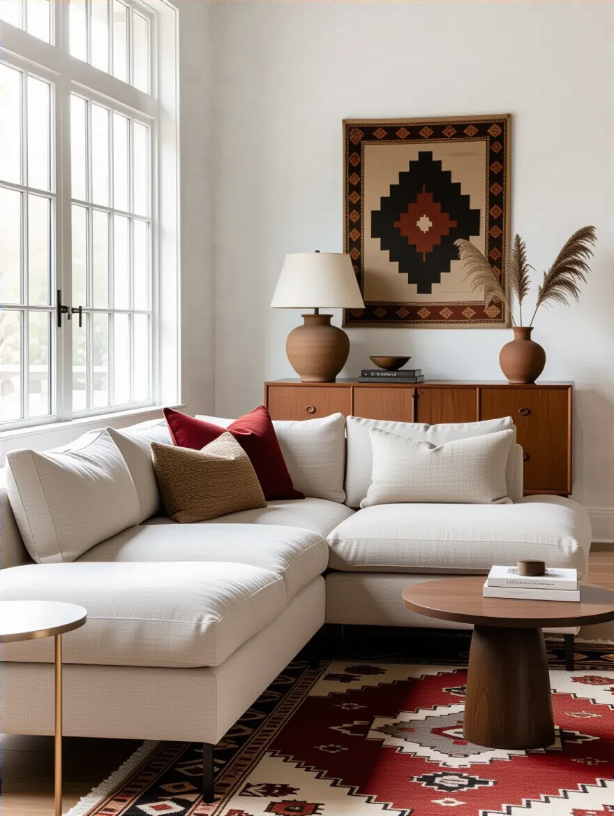 Eclectic living room corner blending modern and vintage furniture with harmonious decor and natural lighting