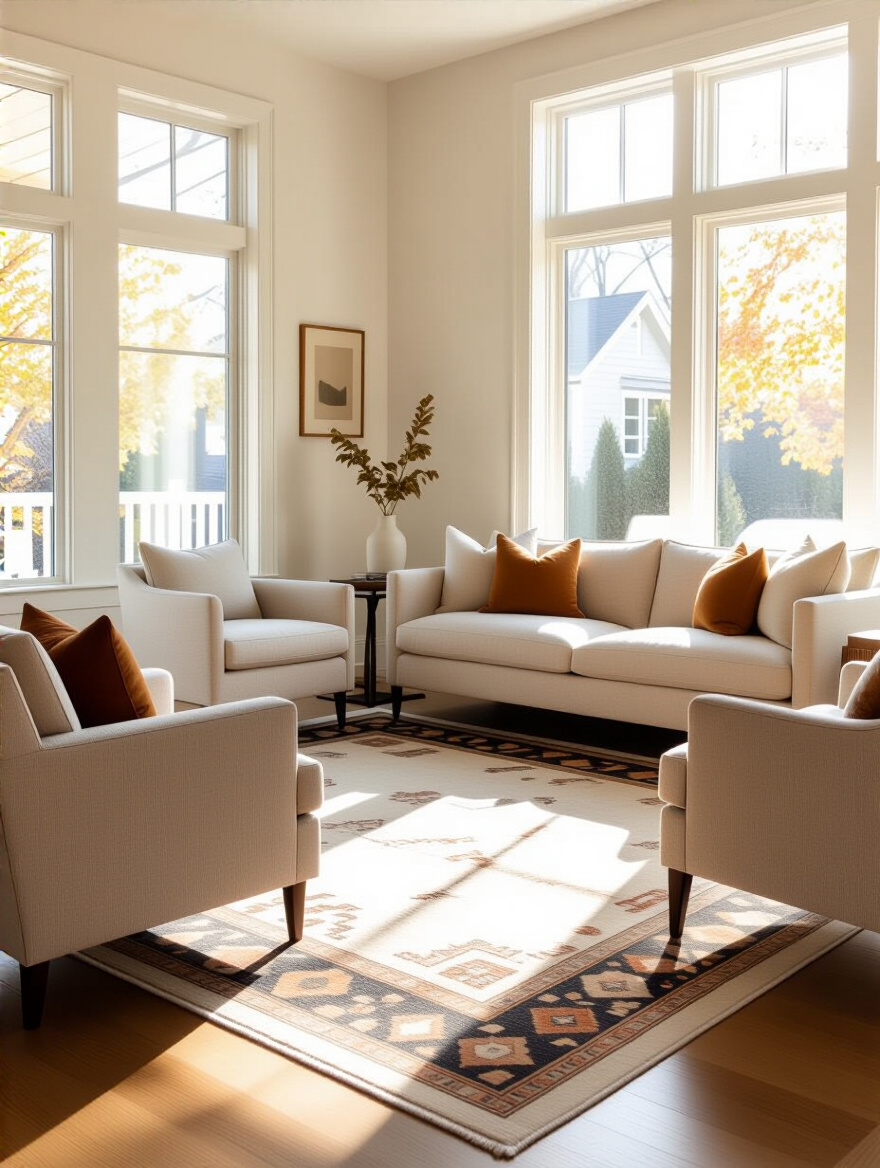 Small living room with large area rug grounding sofa and armchairs defining seating zone
