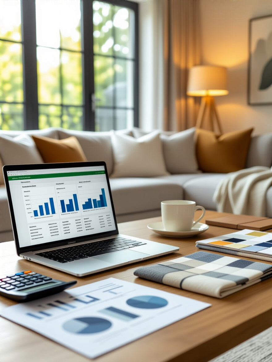 Organized budgeting setup with laptop and design samples in a stylish living room interior