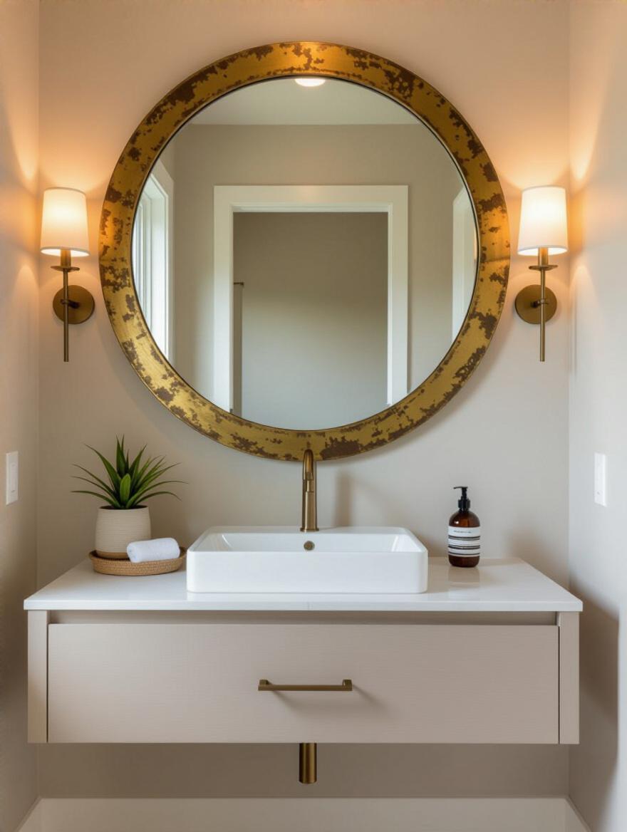 Small bathroom interior with oversized circular mirror as focal point above floating vanity, warm lighting