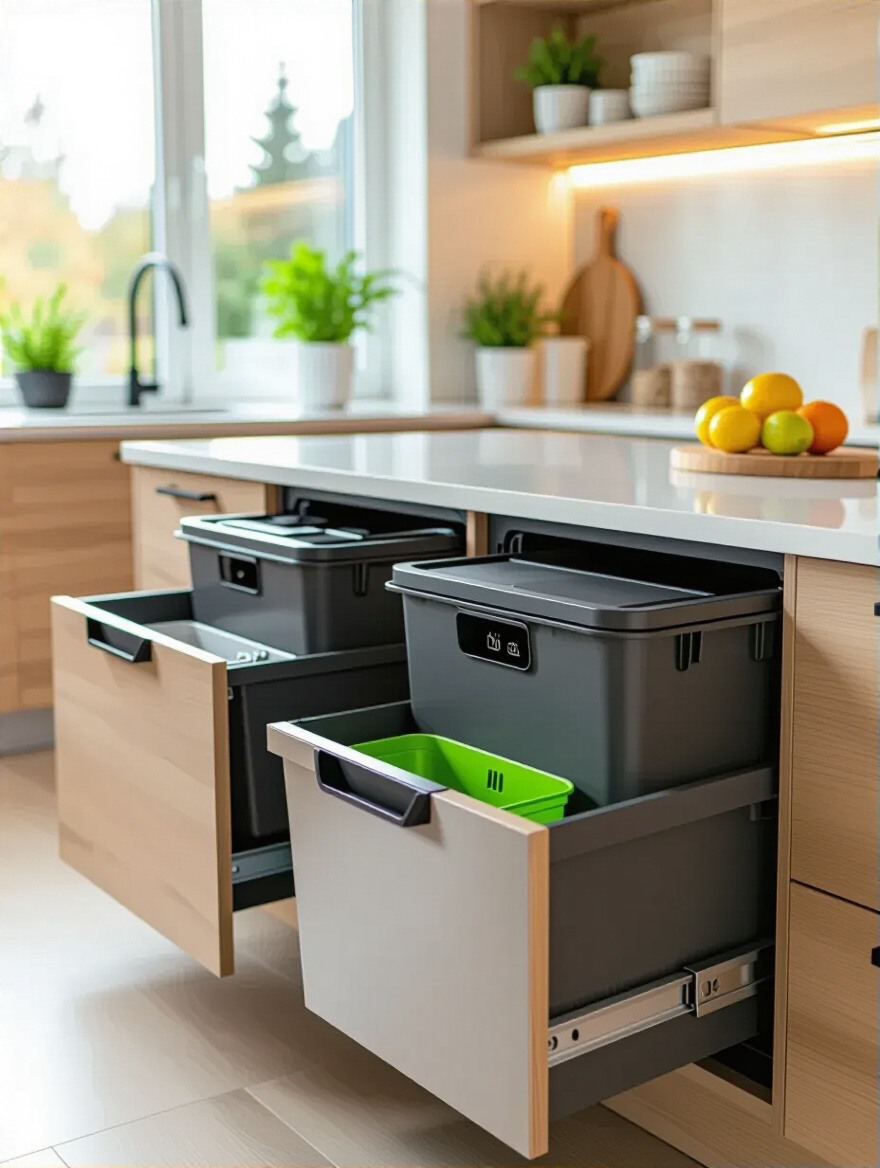 Modern kitchen with built-in composting and recycling stations