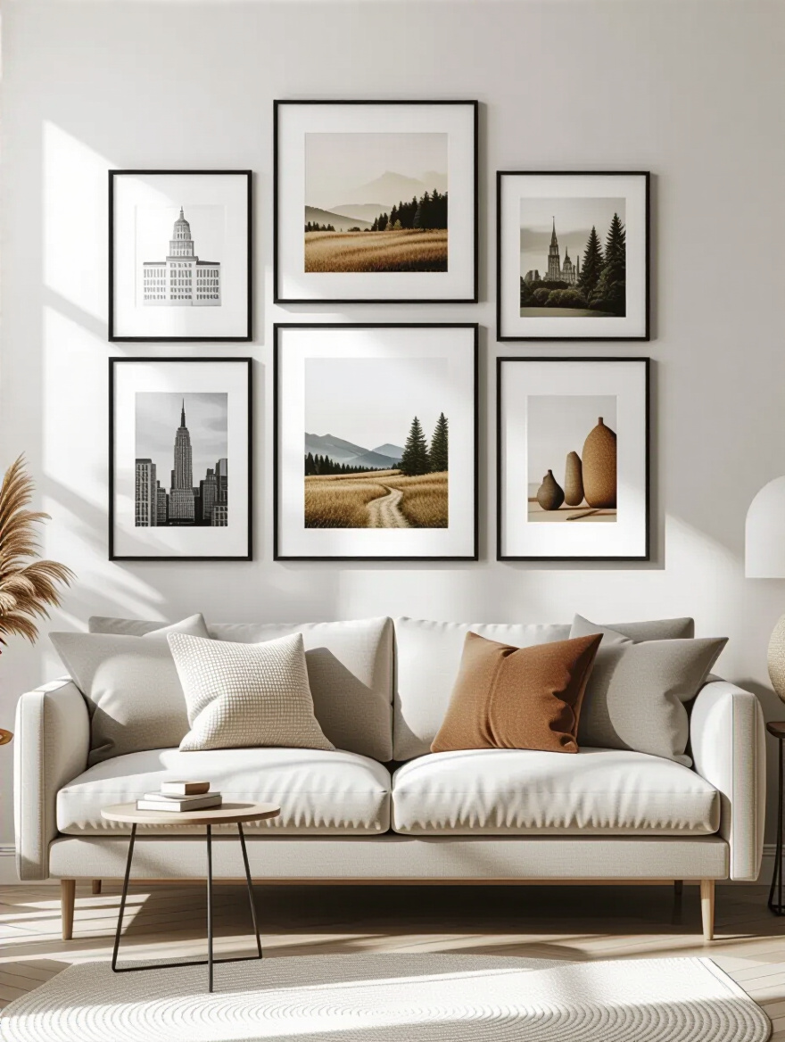 Living room with a stylish, eye-catching gallery wall featuring framed art and photos above a modern sofa
